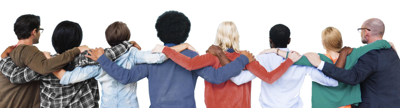 A diverse group of people stand in a line facing away from the viewer with their arms around each other's shoulders