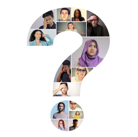 A large question mark is composed of people looking confused