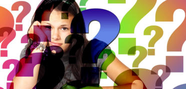 A young woman sits with her head propped on her hand. Question marks have been superimposed over her and around the background.